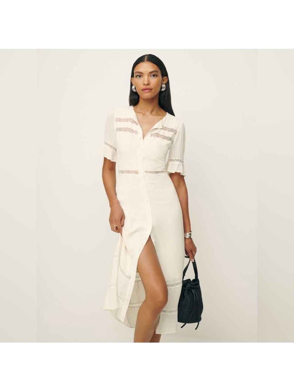 Reformation Woodson Cream Lace-Trim Button-Front Midi Dress - Picture 4 of 8